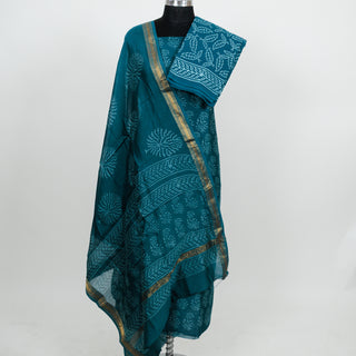 Blue Handblock Maheshwari Suit Material with Maheshwari Dupatta