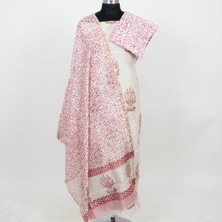 White Handblock Chanderi Suit Material with Chanderi Dupatta