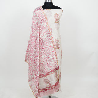 White Handblock Chanderi Suit Material with Chanderi Dupatta