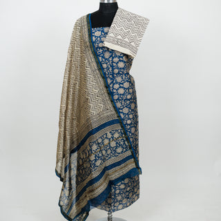Blue Handblock Chanderi Suit Material with Chanderi Dupatta