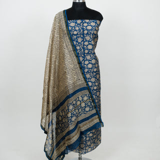 Blue Handblock Chanderi Suit Material with Chanderi Dupatta