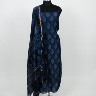 Dark Blue Handblock Chanderi Suit Material with Chanderi Dupatta