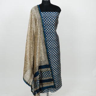 Dark Blue Handblock Chanderi Suit Material with Chanderi Dupatta