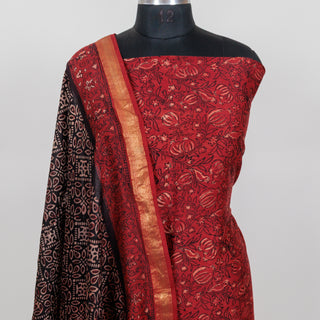 Red Ajrakh Handblock Maheshwari Top Material with Maheshwari Dupatta
