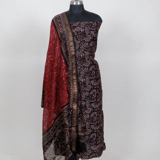 Black Ajrakh Handblock Maheshwari Top Material with Maheshwari Dupatta