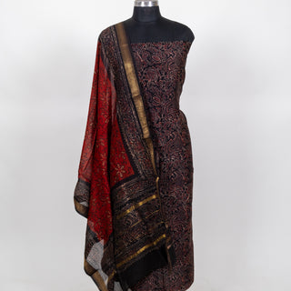 Black Ajrakh Handblock Maheshwari Top Material with Maheshwari Dupatta