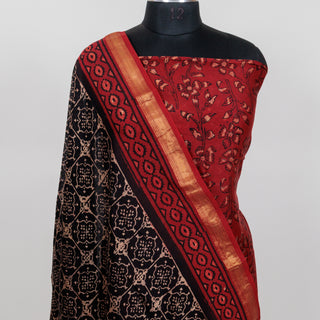Red Ajrakh Handblock Maheshwari Top Material with Maheshwari Dupatta