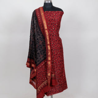 Red Ajrakh Handblock Maheshwari Top Material with Maheshwari Dupatta