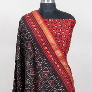 Red Ajrakh Handblock Maheshwari Top Material with Maheshwari Dupatta