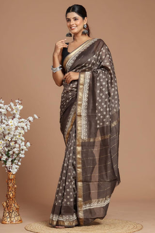 Brown Office Wear Maheshwari Silk Saree with Unstitched Blouse Piece