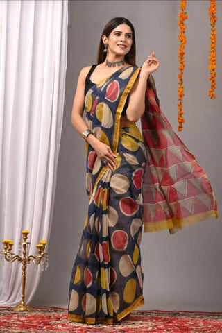 Polka Dots Handblock Print Kota Doria Cotton Saree with Zari Border and Unstitched Blouse Piece