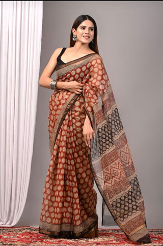 Handblock Print Kota Doria Cotton Saree with Zari border and Unstitched Blouse Piece