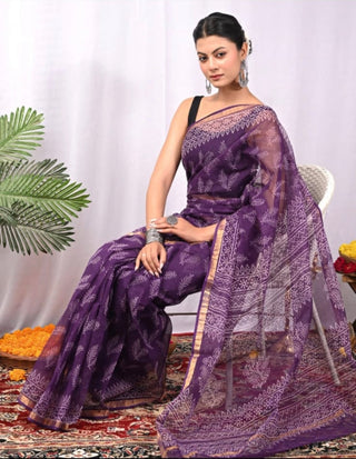 Handblock Print Kota Doria Cotton Saree with Zari border and Unstitched Blouse Piece