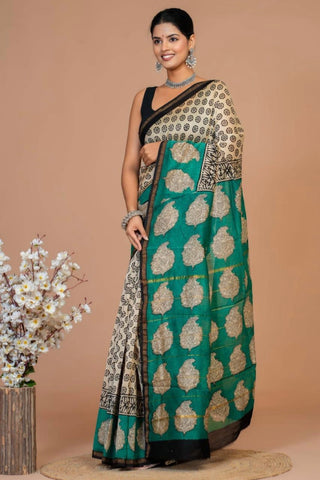 Beige Color Chanderi Silk Saree with Zari Border and Unstitched Blouse Piece