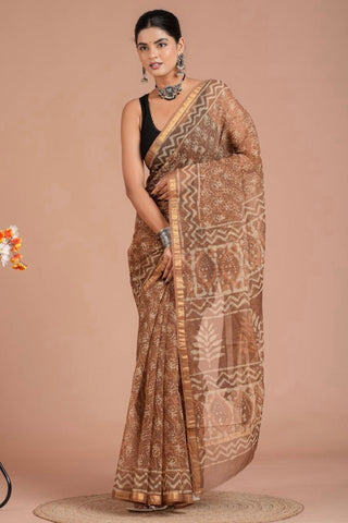 Hand Block Print Kota Doria Cotton Saree with Zari border and Unstitched Blouse Piece