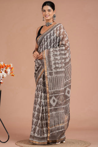 Hand Block Print Kota Doria Cotton Saree with Zari border and Unstitched Blouse Piece