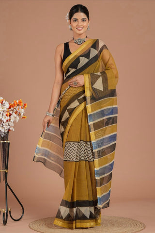 Hand Block Print Kota Doria Cotton Saree with Zari border and Unstitched Blouse Piece
