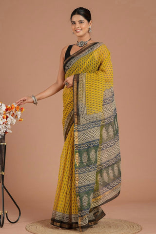 Hand Block Print Kota Doria Cotton Saree with Zari border and Unstitched Blouse Piece