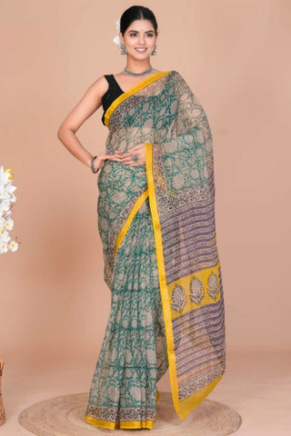Hand Block Print Kota Doria Cotton Saree with Zari border and Unstitched Blouse Piece