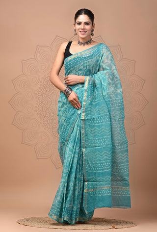 Blue Hand block printed Kota Doria Cotton Saree with Unstitched Blouse Piece
