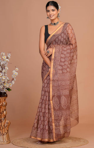 Brown Hand Block Print Kota Doria Cotton Saree with zari border and unstitched Blouse Piece