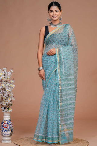 Light Blue Hand Block Print Kota Doria Cotton Saree with zari border and unstitched Blouse Piece