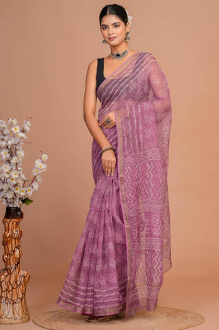 Mauve Hand Block Print Kota Doria Cotton Saree with zari border and unstitched Blouse Piece