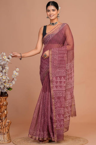 Mauve Hand Block Print Kota Doria Cotton Saree with zari border and unstitched Blouse Piece