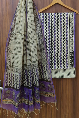 Striped Cotton Handblock Office Wear Suit fabric with Kota Doria Dupatta
