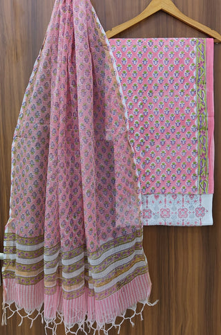 Pink Cotton Handblock Office Wear Suit fabric with Kota Doria Dupatta