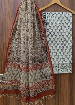 Beige Cotton Handblock Office Wear Suit fabric with Kota Doria Dupatta