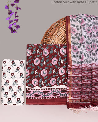 Cotton Handblock Office Wear Suit fabric with Kota Doria Dupatta
