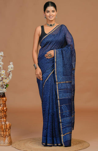 Blue Chanderi Silk Saree with Unstitched Blouse Piece