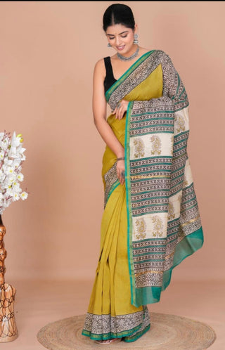 Mustard Handblock Chanderi Silk Saree with Zari Border and Unstitched Blouse Piece