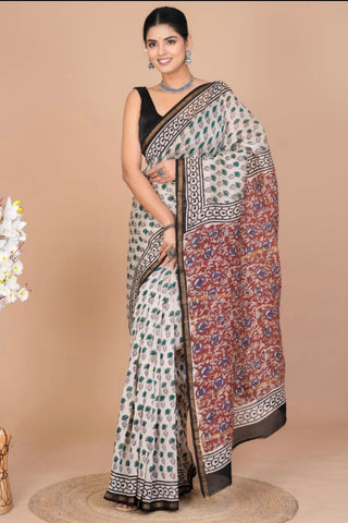 Handblock Chanderi Silk Saree with Zari Border and Unstitched Blouse Piece