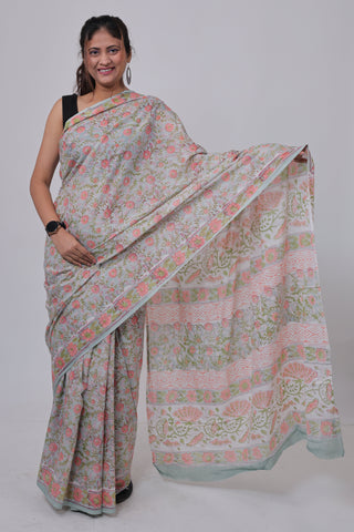 Light Blue Hand Block Print Cotton Saree with Unstitched Blouse Piece