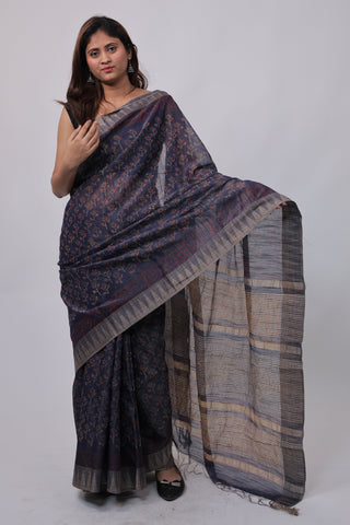 Dark Blue Hand Block Print Ghicha Silk Saree with Unstitched Blouse Piece