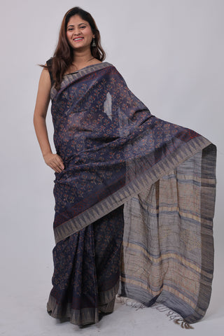 Dark Blue Hand Block Print Ghicha Silk Saree with Unstitched Blouse Piece