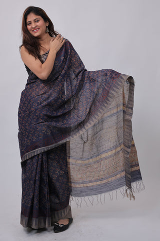 Dark Blue Hand Block Print Ghicha Silk Saree with Unstitched Blouse Piece