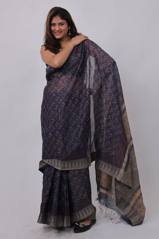 Dark Blue Hand Block Print Ghicha Silk Saree with Unstitched Blouse Piece