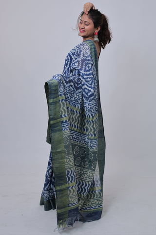 Indigo Hand Block Print Ghicha Silk Saree with Unstitched Blouse Piece