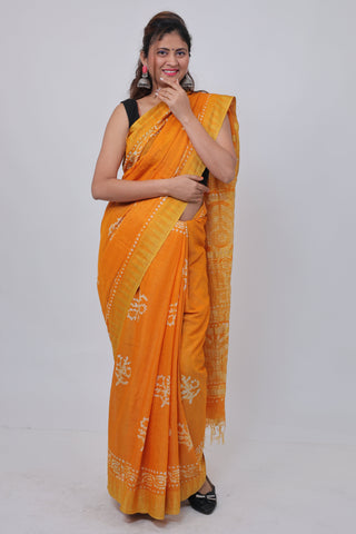 Yellow Hand Block Print Ghicha Silk Saree with Unstitched Blouse Piece