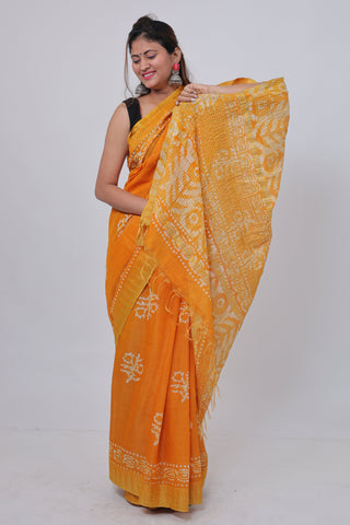 Yellow Hand Block Print Ghicha Silk Saree with Unstitched Blouse Piece