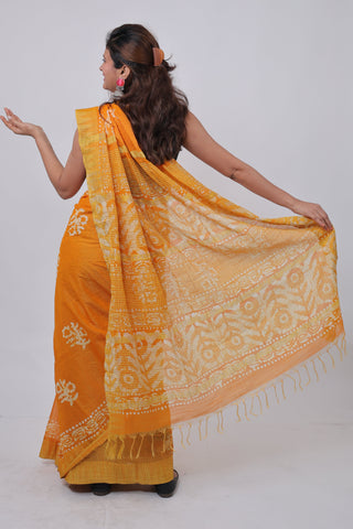 Yellow Hand Block Print Ghicha Silk Saree with Unstitched Blouse Piece