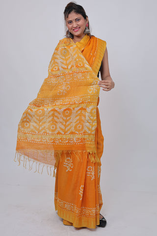 Yellow Hand Block Print Ghicha Silk Saree with Unstitched Blouse Piece