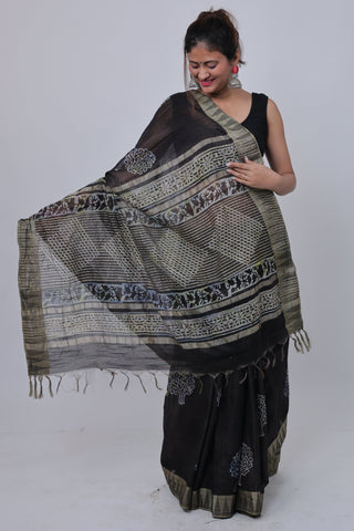 Black Hand Block Print Ghicha Silk Saree with Unstitched Blouse Piece