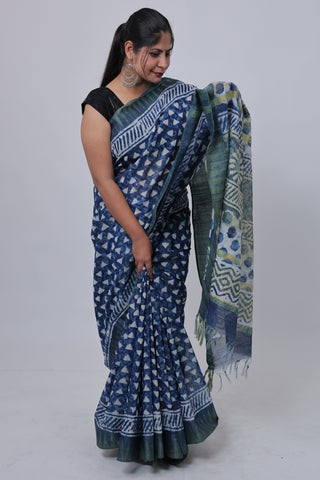 Indigo Hand Block Print Ghicha Silk Saree with Unstitched Blouse Piece