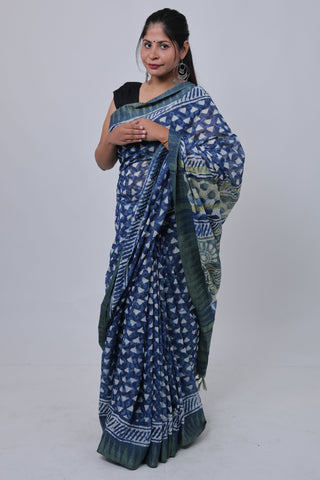 Indigo Hand Block Print Ghicha Silk Saree with Unstitched Blouse Piece