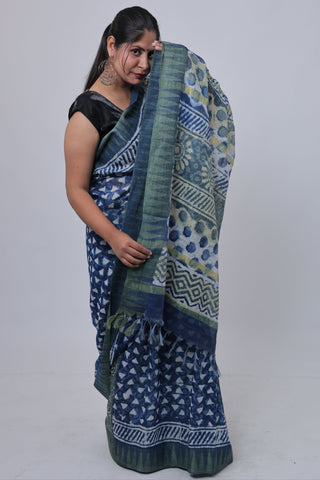 Indigo Hand Block Print Ghicha Silk Saree with Unstitched Blouse Piece