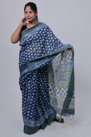 Indigo Hand Block Print Ghicha Silk Saree with Unstitched Blouse Piece